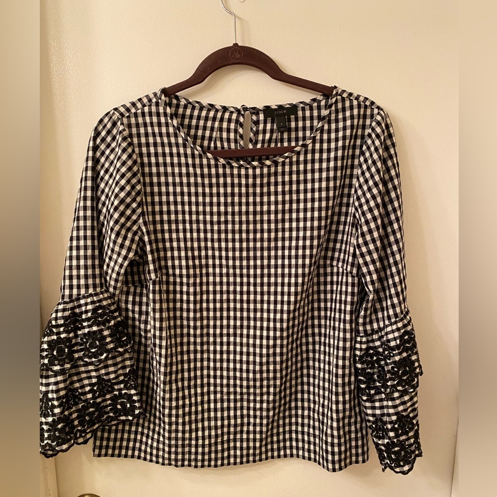 J.Crew Black and White check Blouse with Lace Sleeves